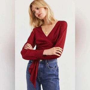 Urban Outfitter Gingham Contemporary Full Wrap Blouse Black & Red V-Neck